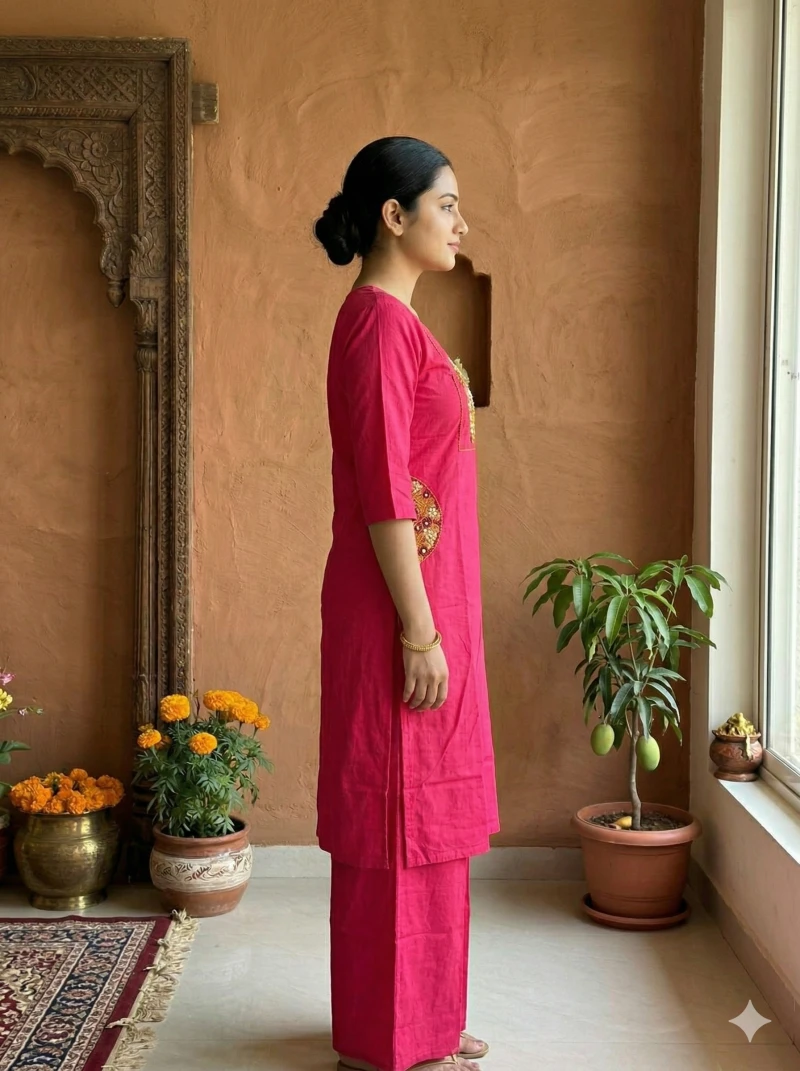 Women Magenta Pink Embroidered Pure Cotton Kurta with Palazzos