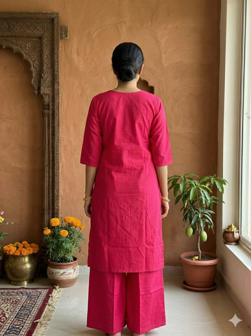 Women Magenta Pink Embroidered Pure Cotton Kurta with Palazzos