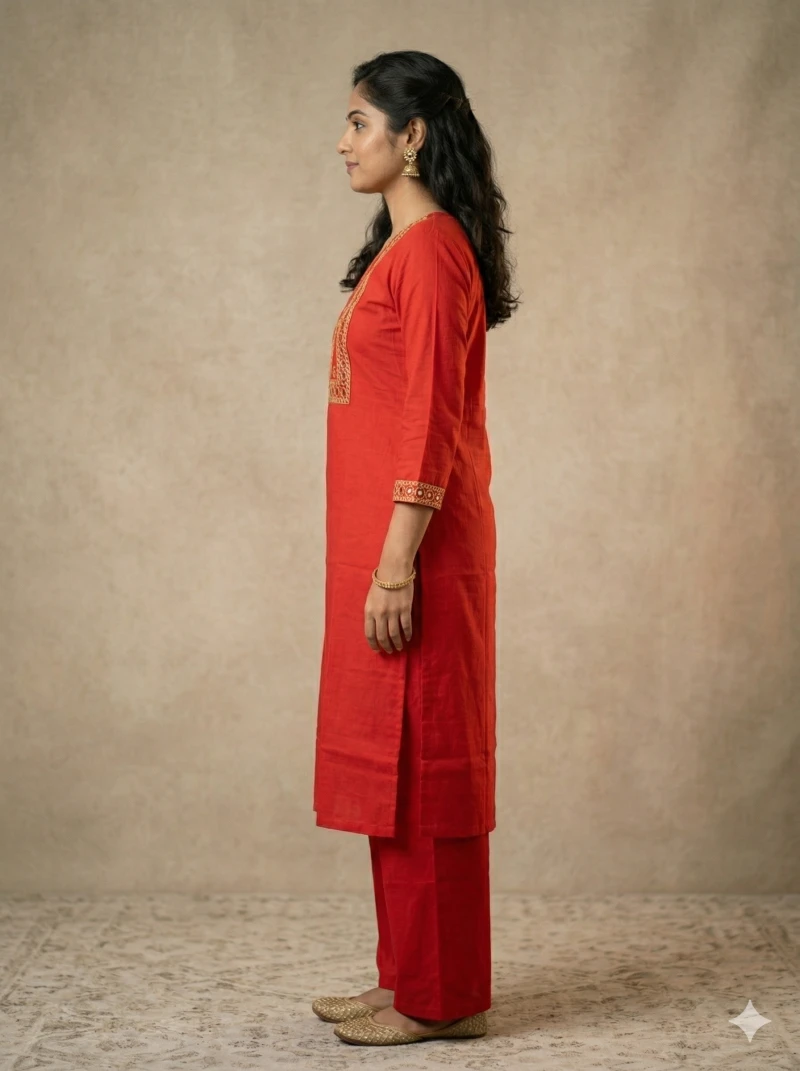 Women's Red Mirror Work Cotton Kurta with Palazzo Set