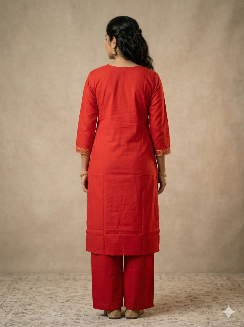 Women's Red Mirror Work Cotton Kurta with Palazzo Set